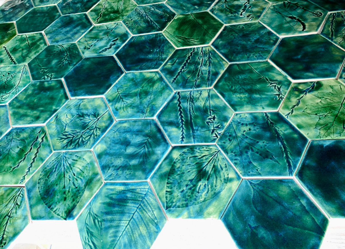 Hexagony duże 13 cm x 14 cm Zielone z roślinami