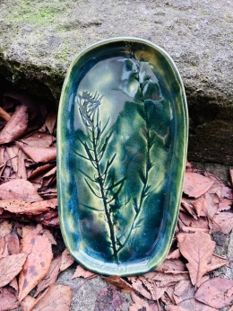 Talerz podłużny ok 22 cm Zielony z roślinami